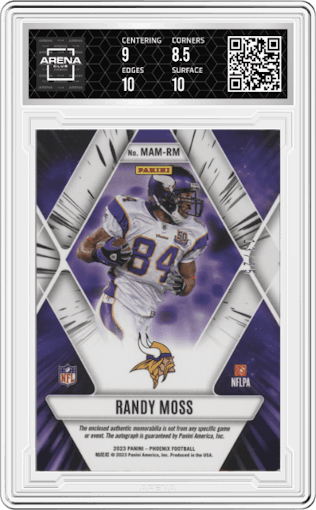 Randy Moss  from the 2023 Panini Phoenix set featuring a Green parallel graded by Arena Club and given an overall grade of 9.