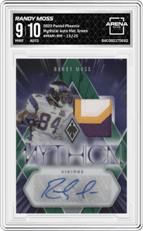 Randy Moss  from the 2023 Panini Phoenix set featuring a Green parallel graded by Arena Club and given an overall grade of 9.