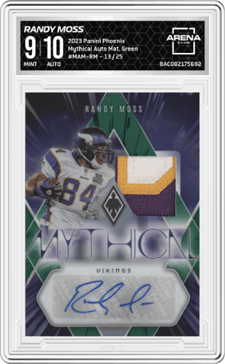 Randy Moss  from the 2023 Panini Phoenix set featuring a Green parallel graded by Arena Club and given an overall grade of 9.