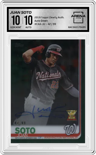 Juan Soto from the 2019 Topps Clearly Authentic set featuring a Green parallel graded by Arena Club and given an overall grade of 10.