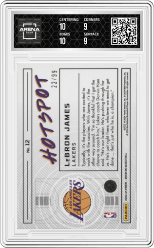 LeBron James from the 2023-24 Panini Obsidian set graded by Arena Club and given an overall grade of 9.5.
