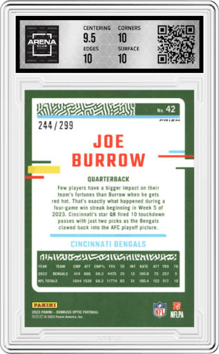 Joe Burrow from the 2023 Donruss Optic set featuring a Aqua parallel graded by Arena Club and given an overall grade of 10.