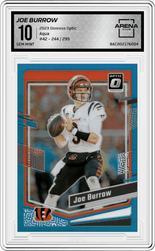 Joe Burrow from the 2023 Donruss Optic set featuring a Aqua parallel graded by Arena Club and given an overall grade of 10.