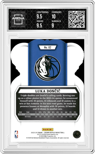 Luka Doncic from the 2023-24 Panini Crown Royale  set featuring a Lucky Envelopes parallel graded by Arena Club and given an overall grade of 9.5.