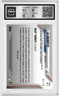Bo Bichette from the 2020 Topps Chrome Update Sapphire  set featuring a Purple parallel graded by Arena Club and given an overall grade of 10.
