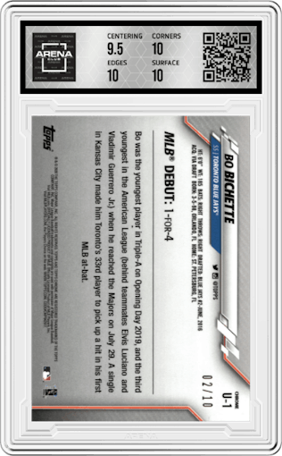 Bo Bichette from the 2020 Topps Chrome Update Sapphire  set featuring a Purple parallel graded by Arena Club and given an overall grade of 10.