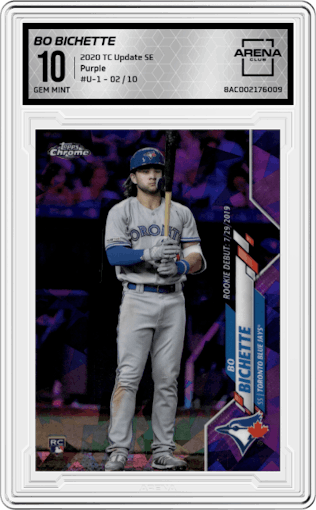 Bo Bichette from the 2020 Topps Chrome Update Sapphire  set featuring a Purple parallel graded by Arena Club and given an overall grade of 10.