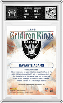 Davante Adams from the 2023 Panini Donruss set graded by Arena Club and given an overall grade of 9.