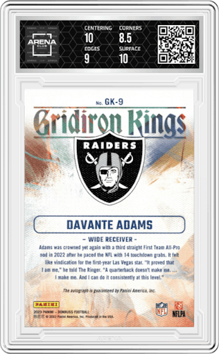 Davante Adams from the 2023 Panini Donruss set graded by Arena Club and given an overall grade of 9.