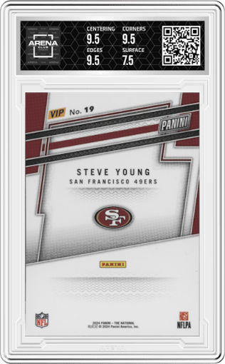 Steve Young from the 2024 Panini The National VIP set graded by Arena Club and given an overall grade of 8.