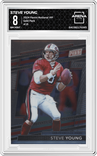 Steve Young from the 2024 Panini The National VIP set graded by Arena Club and given an overall grade of 8.