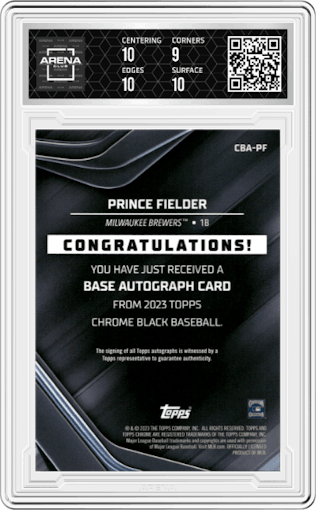 Prince Fielder from the 2023 Topps Chrome Black set featuring a Gold Mini-Diamond Refractor parallel graded by Arena Club and given an overall grade of 9.5.