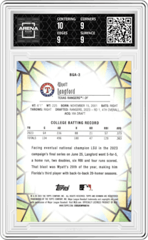 Wyatt Langford from the 2023 Bowman Draft set graded by Arena Club and given an overall grade of 9.