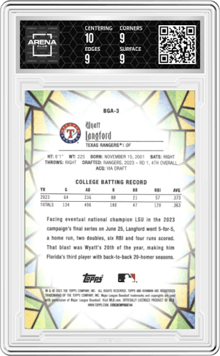 Wyatt Langford from the 2023 Bowman Draft set graded by Arena Club and given an overall grade of 9.