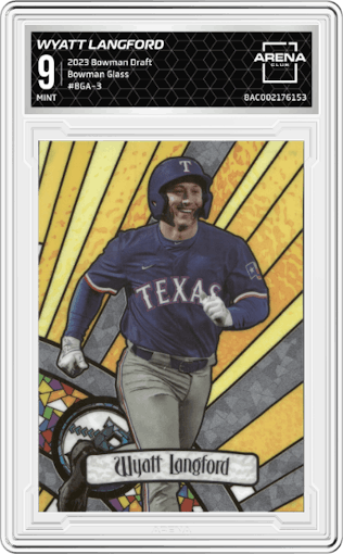 Wyatt Langford from the 2023 Bowman Draft set graded by Arena Club and given an overall grade of 9.