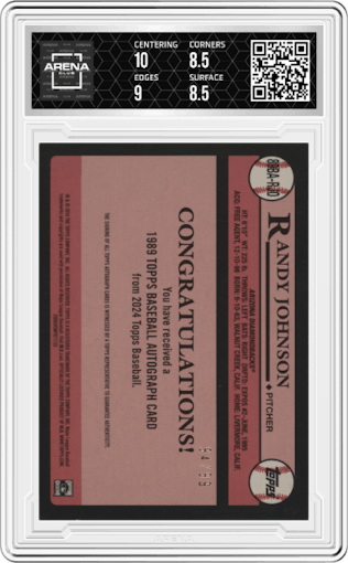 Randy Johnson from the 2024 Topps  set featuring a Black parallel graded by Arena Club and given an overall grade of 9.