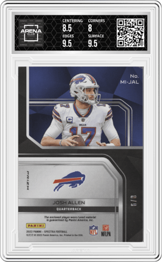 Josh Allen from the 2022 Panini Spectra set featuring a Neon Splatter parallel graded by Arena Club and given an overall grade of 8.5.