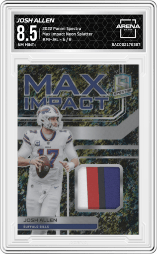 Josh Allen from the 2022 Panini Spectra set featuring a Neon Splatter parallel graded by Arena Club and given an overall grade of 8.5.