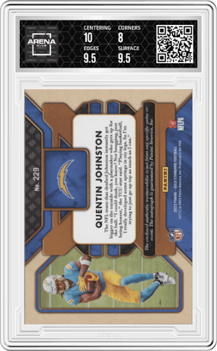 Quentin Johnston from the 2023 Panini Gold Standard set graded by Arena Club and given an overall grade of 8.5.