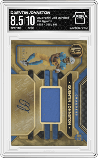Quentin Johnston from the 2023 Panini Gold Standard set graded by Arena Club and given an overall grade of 8.5.