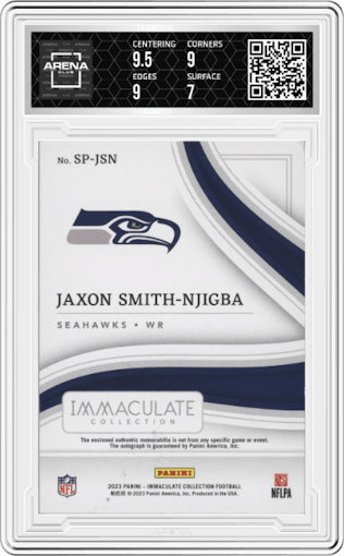 Jaxon Smith-Njigba from the 2023 Panini Immaculate Collection  set graded by Arena Club and given an overall grade of 7.5.
