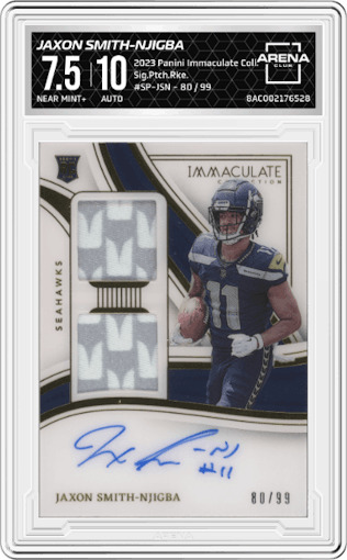 Jaxon Smith-Njigba from the 2023 Panini Immaculate Collection  set graded by Arena Club and given an overall grade of 7.5.