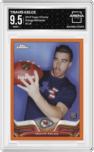Travis Kelce from the 2013 Topps Chrome set featuring a Orange Refractor parallel graded by Arena Club and given an overall grade of 9.5.