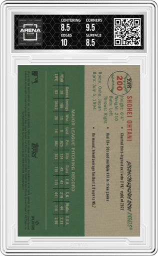 Shohei Ohtani from the 2023 Topps Chrome Platinum Anniversary set featuring a Rose Gold Mini-Diamond Refractor parallel graded by Arena Club and given an overall grade of 9.