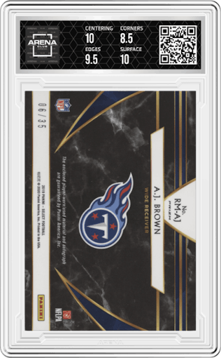 A.J. Brown from the 2019 Panini Select  set featuring a Purple Prizm parallel graded by Arena Club and given an overall grade of 9.