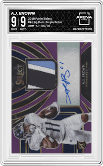 A.J. Brown from the 2019 Panini Select  set featuring a Purple Prizm parallel graded by Arena Club and given an overall grade of 9.