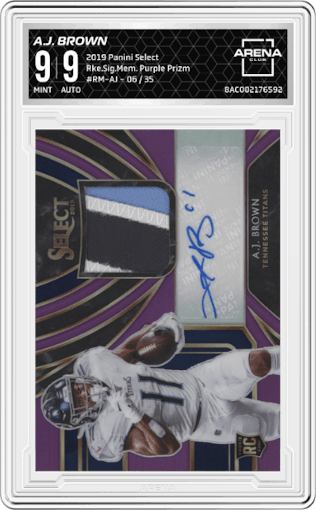 A.J. Brown from the 2019 Panini Select  set featuring a Purple Prizm parallel graded by Arena Club and given an overall grade of 9.