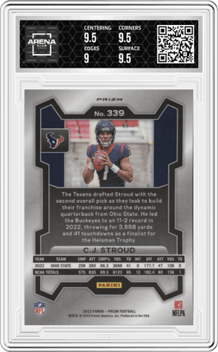 C.J. Stroud from the 2023 Panini Prizm set featuring a Silver Prizm parallel graded by Arena Club and given an overall grade of 9.5.