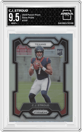 C.J. Stroud from the 2023 Panini Prizm set featuring a Silver Prizm parallel graded by Arena Club and given an overall grade of 9.5.