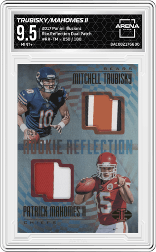 Mitchell Trubisky/Patrick Mahomes II from the 2017 Panini Illusions Football set graded by Arena Club and given an overall grade of 9.5.