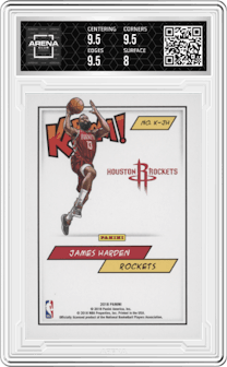 James Harden from the 2018 Panini Kaboom Rewards Multi-Sport set graded by Arena Club and given an overall grade of 8.5.