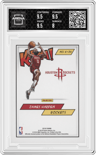 James Harden from the 2018 Panini Kaboom Rewards Multi-Sport set graded by Arena Club and given an overall grade of 8.5.
