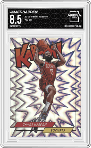 James Harden from the 2018 Panini Kaboom Rewards Multi-Sport set graded by Arena Club and given an overall grade of 8.5.