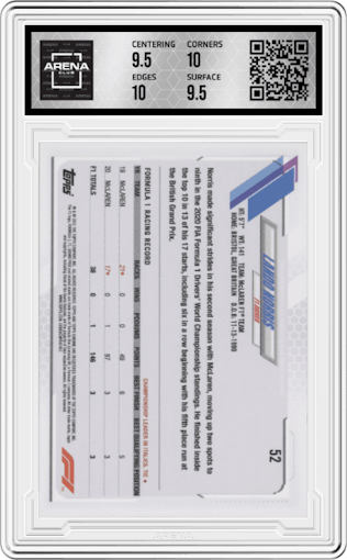 Lando Norris from the 2021 Topps Chrome F1  set featuring a Gold/Purple Refractor parallel graded by Arena Club and given an overall grade of 10.