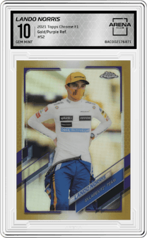 Lando Norris from the 2021 Topps Chrome F1  set featuring a Gold/Purple Refractor parallel graded by Arena Club and given an overall grade of 10.