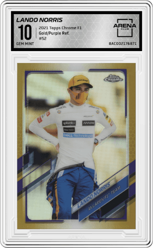 Lando Norris from the 2021 Topps Chrome F1  set featuring a Gold/Purple Refractor parallel graded by Arena Club and given an overall grade of 10.