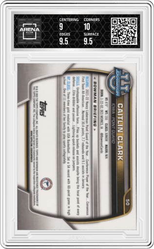 Caitlin Clark from the 2022-23 Bowman University Chrome set graded by Arena Club and given an overall grade of 9.5.