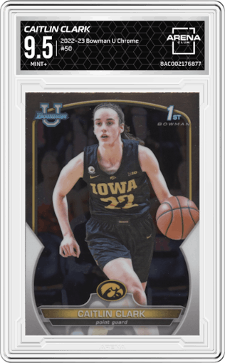 Caitlin Clark from the 2022-23 Bowman University Chrome set graded by Arena Club and given an overall grade of 9.5.