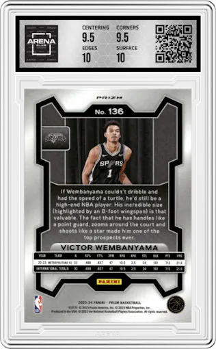 Victor Wembanyama from the 2023-24 Panini Prizm set featuring a Orange Ice parallel graded by Arena Club and given an overall grade of 10.