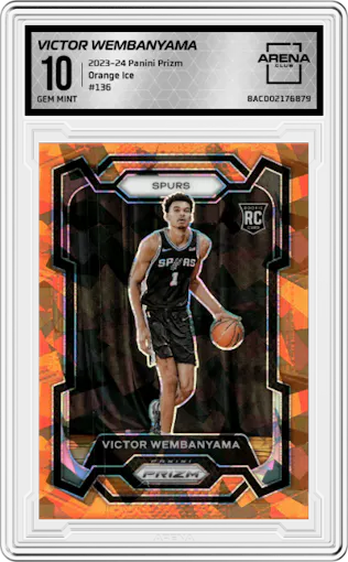Victor Wembanyama from the 2023-24 Panini Prizm set featuring a Orange Ice parallel graded by Arena Club and given an overall grade of 10.