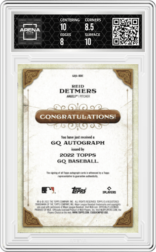 Reid Detmers from the 2022 Topps Gypsy Queen set graded by Arena Club and given an overall grade of 8.5.