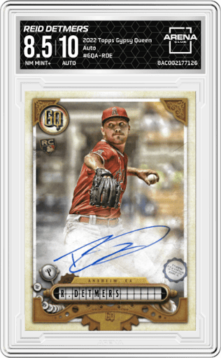 Reid Detmers from the 2022 Topps Gypsy Queen set graded by Arena Club and given an overall grade of 8.5.