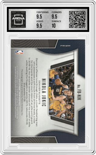 Nikola Jokic from the 2019-20 Panini Prizm set graded by Arena Club and given an overall grade of 10.