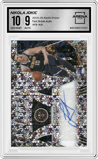 Nikola Jokic from the 2019-20 Panini Prizm set graded by Arena Club and given an overall grade of 10.