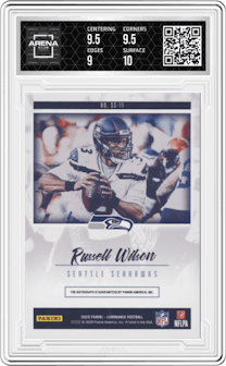 Russell Wilson from the 2020 Panini Luminance set graded by Arena Club and given an overall grade of 9.5.