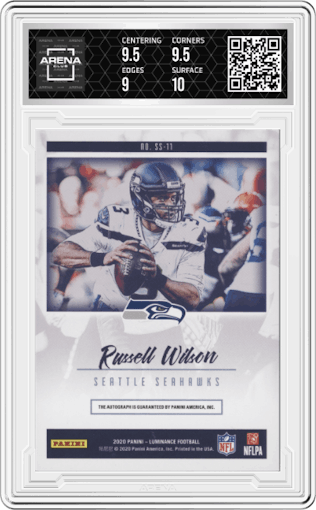 Russell Wilson from the 2020 Panini Luminance set graded by Arena Club and given an overall grade of 9.5.